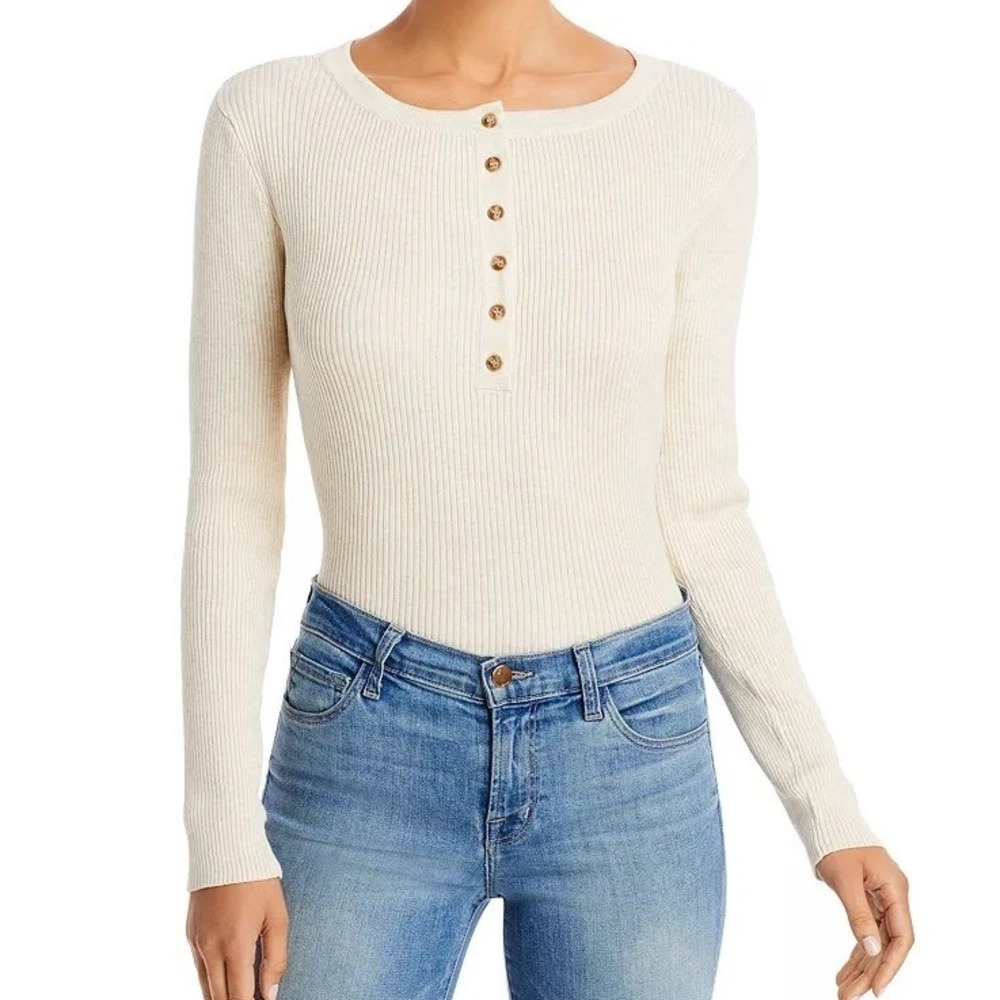 Aqua XL Bodysuit Beige Ribbed Knit Long Sleeve Henley Snap Bottom Minimalist